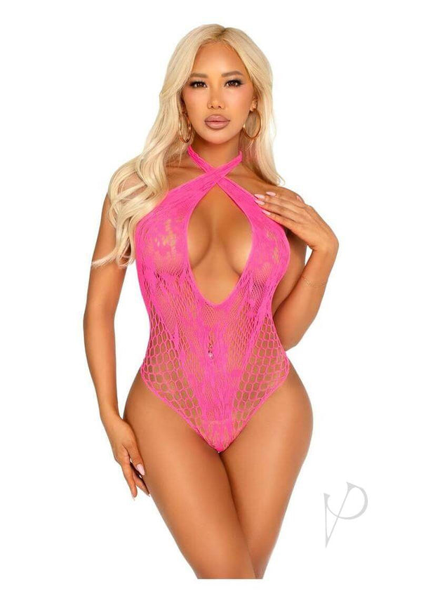 Lace Net Key Cross Halter Teddy Pnk Os-0