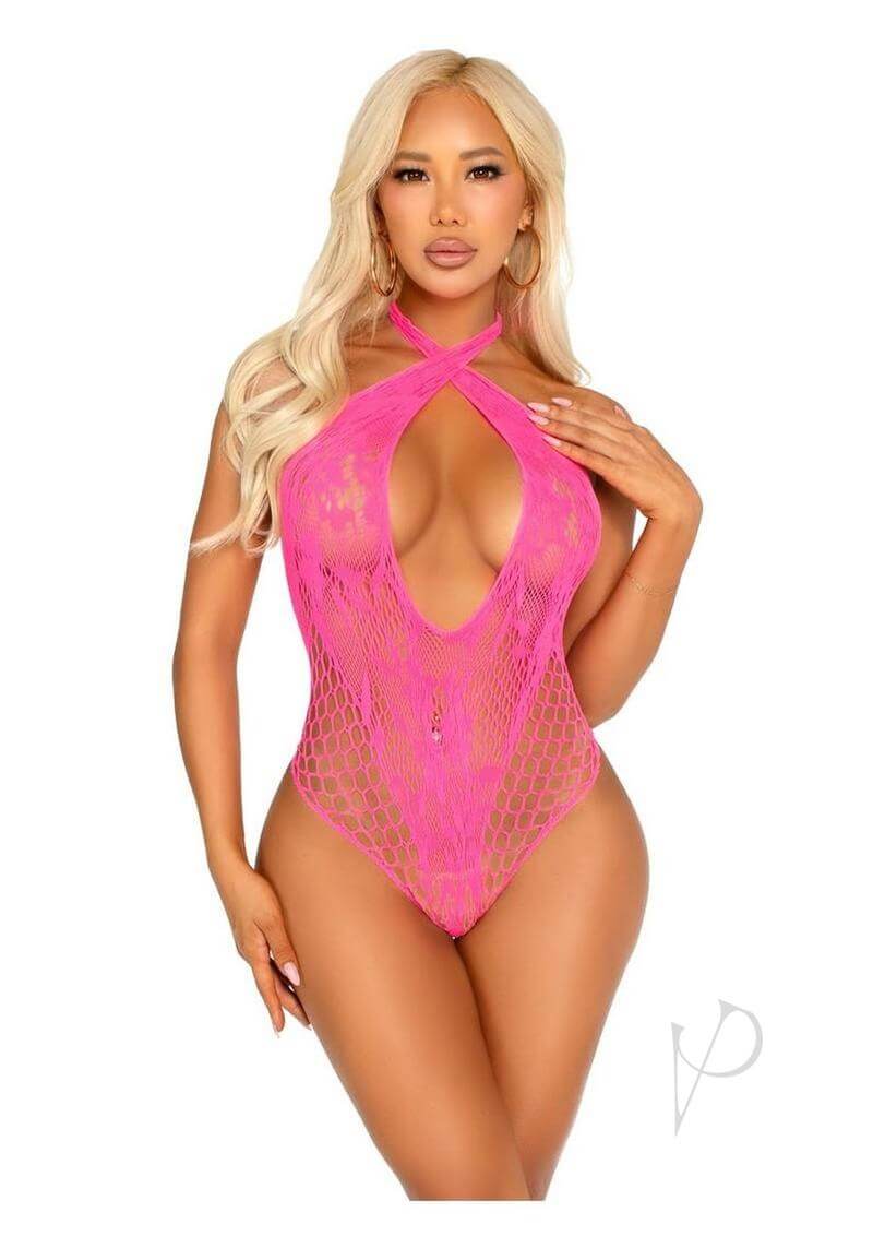 Lace Net Key Cross Halter Teddy Pnk Os-0