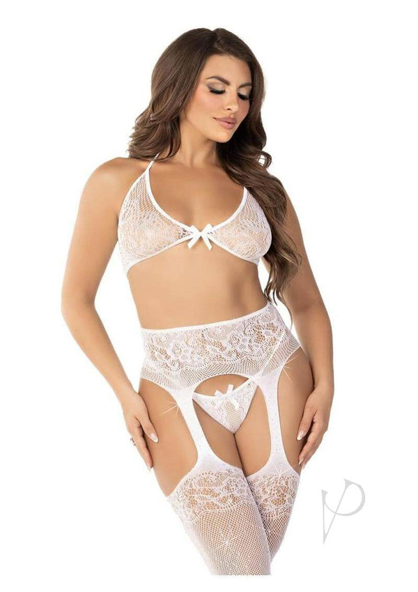 Leg Avenue rhinestone lace bra top and G-string fishnet set, showcasing elegant and seductive lingerie design.