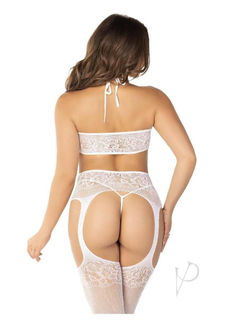 Leg Avenue rhinestone lace bra top and fishnet G-string set in white, showcasing seductive back view.