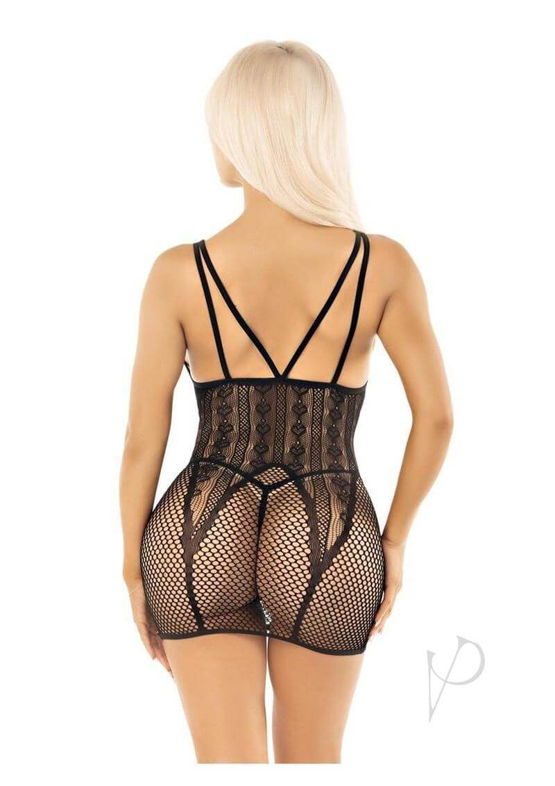 Back view of Leg Avenue Heart Net Mini Dress in black with strappy design and fishnet detailing.