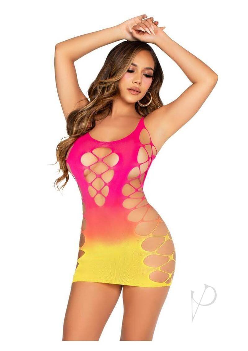 Model wearing Leg Avenue Seamless Ombre Faux Lace Up Mini Dress in pink and yellow, showcasing a stylish and sexy lingerie design.