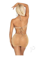 Back view of Leg Avenue Shimmer Sheer Lurex Rhinestone Halter Dress in Gold, featuring a fitted silhouette and sparkling details.