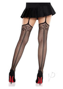 Leg Avenue Sinful Fishnet Stockings with Cross Backseam, paired with a flared black skirt and high heels.