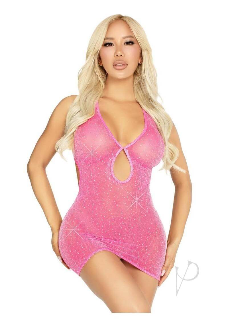 Leg Avenue pink shimmer sheer halter dress featuring rhinestones and sexy cutout design.