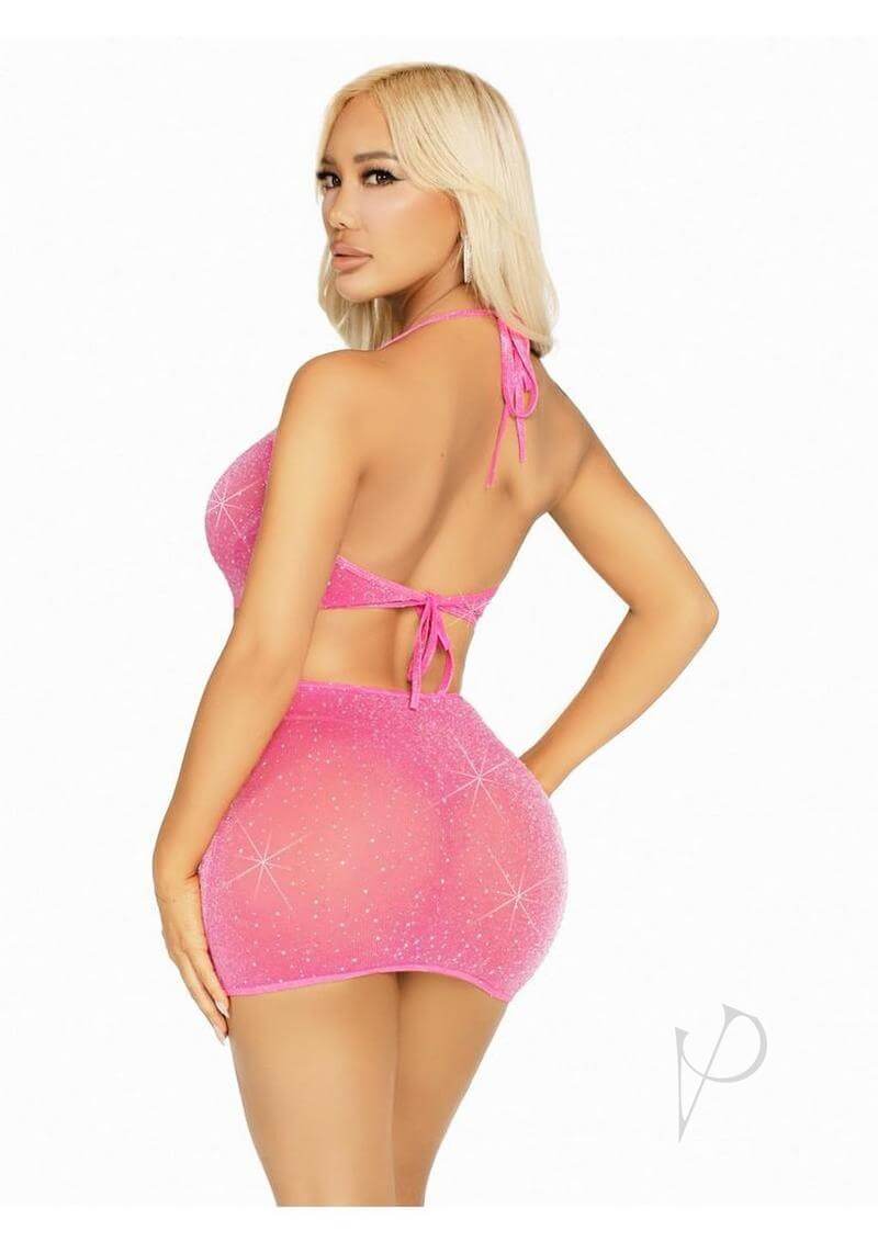 Leg Avenue pink shimmer sheer Lurex rhinestone halter dress worn by model, highlighting curves and sexy design.