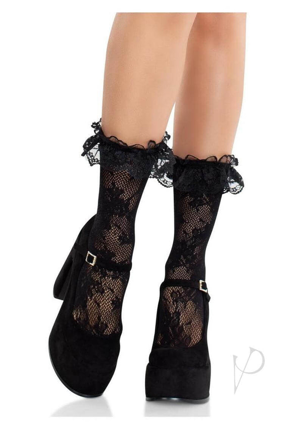 Leg Avenue Black floral lace ruffle top anklets paired with elegant black heels, perfect for enhancing any outfit.