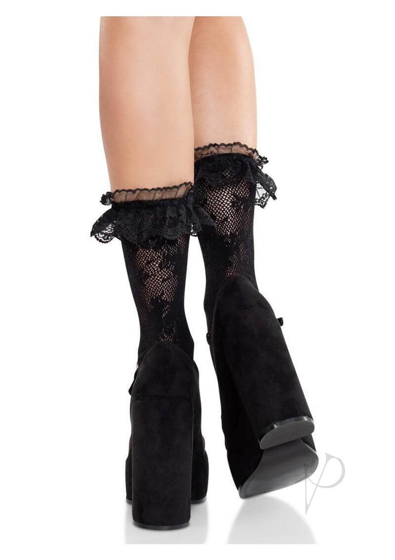 Leg Avenue black floral lace ruffle top anklets worn with stylish high heels.