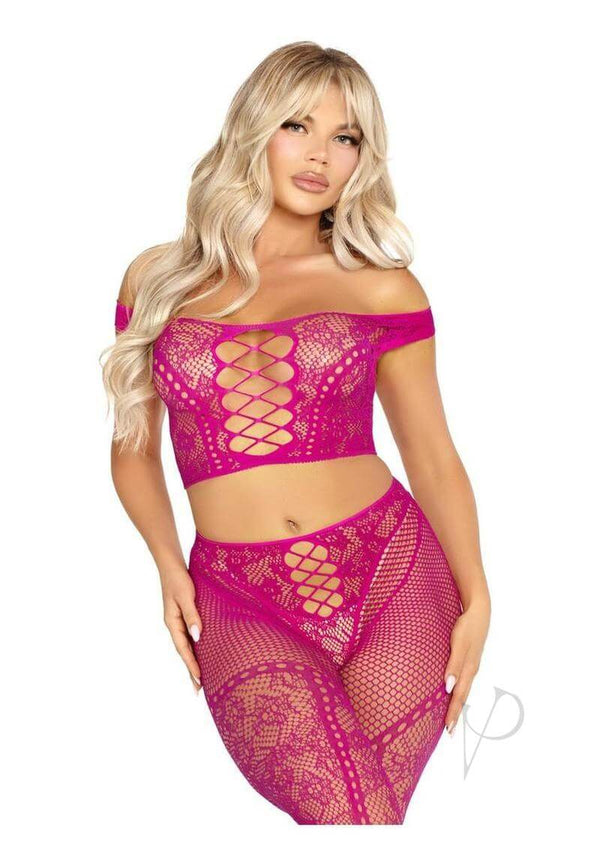 Leg Avenue Net and Lace Off Top and Tights 2 Pc Magenta OS worn by a model, showcasing vibrant and sexy design.