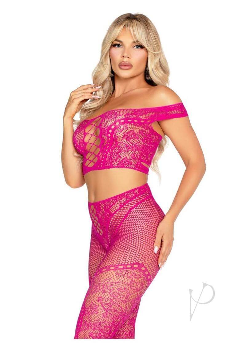 Leg Avenue Net and Lace Off Top and Tights 2 Pc Magenta OS displayed on a model, showcasing a vibrant two-piece lingerie set.