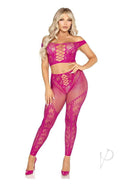 Leg Avenue Net and Lace Off Top and Tights 2 Pc Magenta OS, featuring a vibrant off-the-shoulder crop top and matching tights.