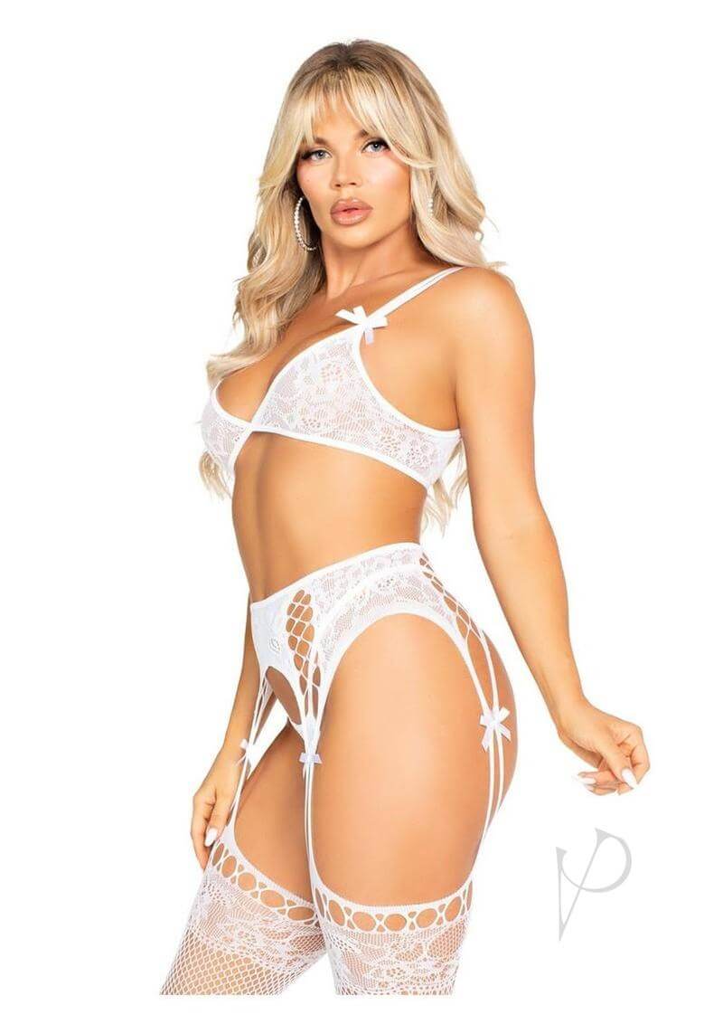 Leg Avenue Lace Bra Top and G-String Panty Set in White, featuring dual straps and lace details for a seductive look.