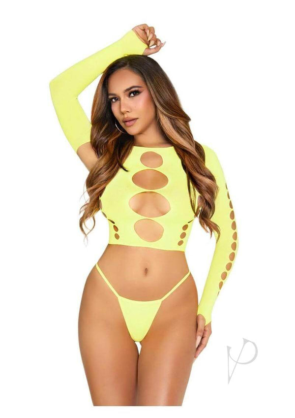 Leg Avenue neon yellow seamless cut out long sleeve crop top and G-string panty for elegant and sexy lingerie style.