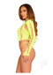 Model wearing Leg Avenue Seamless Cut Out Long Sleeve Crop Top in neon yellow with matching G-String Panty.