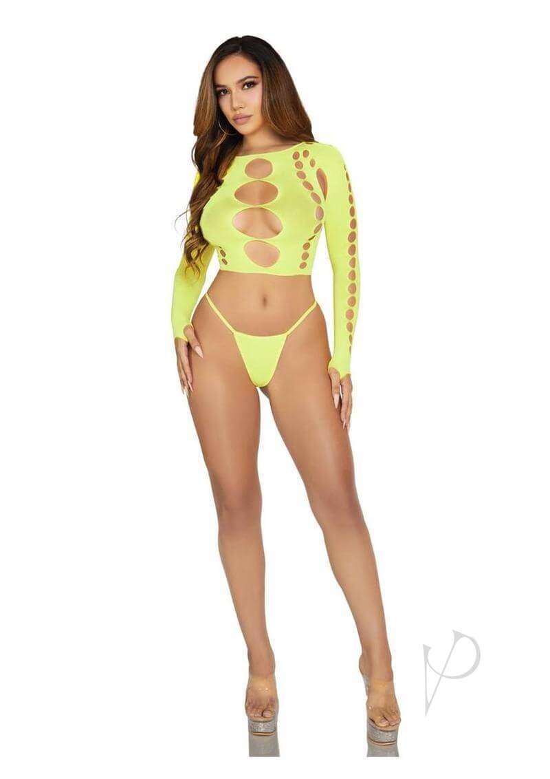 Female model wearing Leg Avenue Seamless Cut Out Long Sleeve Crop Top and G-String Panty in bright yellow.