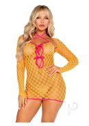 Leg Avenue Eyelet Net Mini Dress in yellow with keyhole detail and long sleeves, perfect for sexy lingerie occasions.
