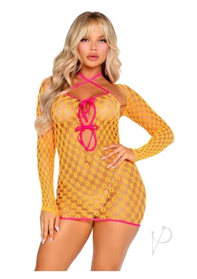 Leg Avenue Eyelet Net Mini Dress in yellow with keyhole detail and long sleeves, perfect for sexy lingerie occasions.
