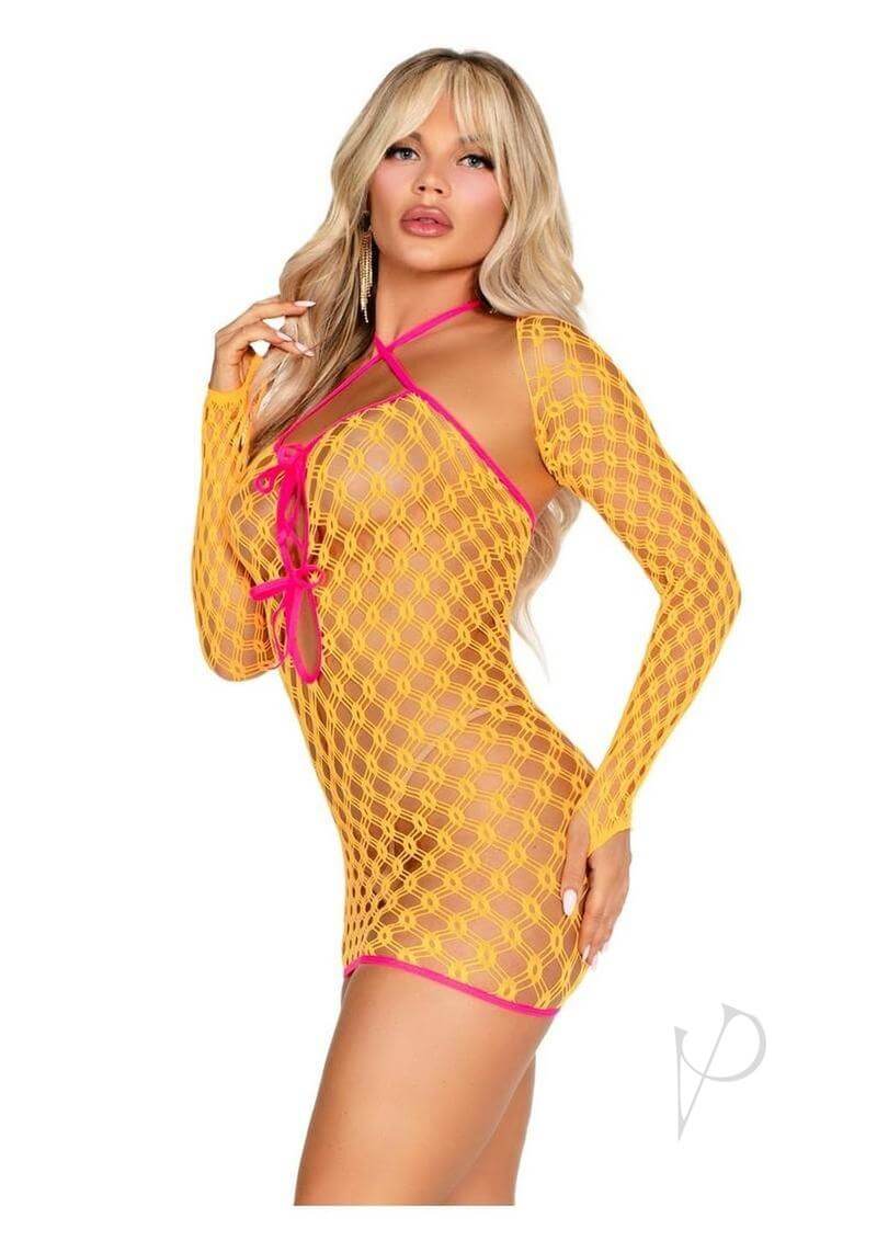 Model wearing Leg Avenue Eyelet Net Mini Dress in yellow with pink accents, showcasing a keyhole detail and stylish design.