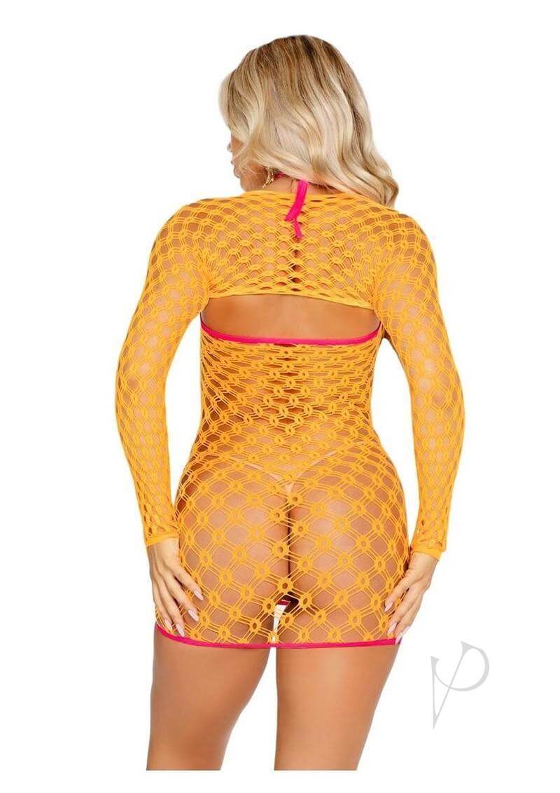 Leg Avenue eyelet net mini dress in yellow with red accents, showcasing a keyhole back design, perfect for sexy lingerie outfits.