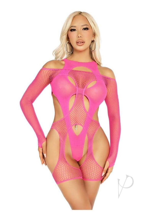 Leg Avenue fishnet garter harness and layered opaque teddy in vibrant pink, perfect for sexy lingerie styles.