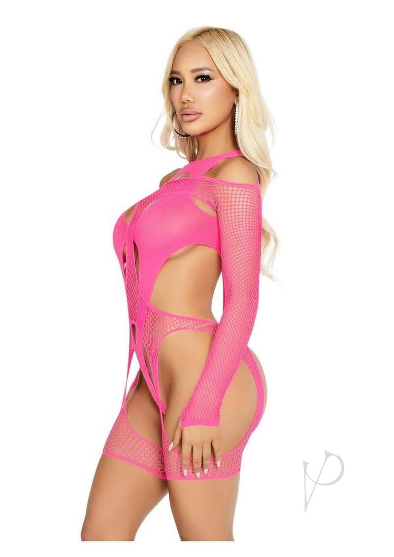 Model showcasing Leg Avenue's pink fishnet garter harness and layered opaque teddy lingerie in a stylish pose.