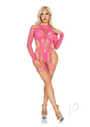 Model wearing a pink fishnet garter harness and layered opaque teddy, showcasing sexy lingerie.