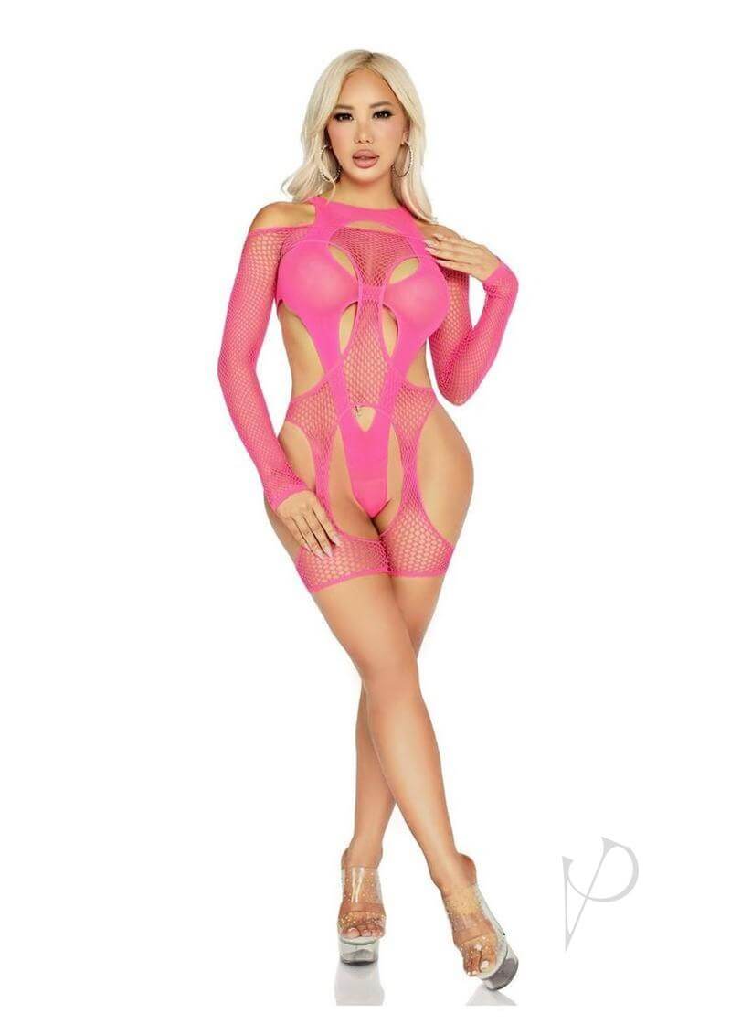 Model wearing a pink fishnet garter harness and layered opaque teddy, showcasing sexy lingerie.