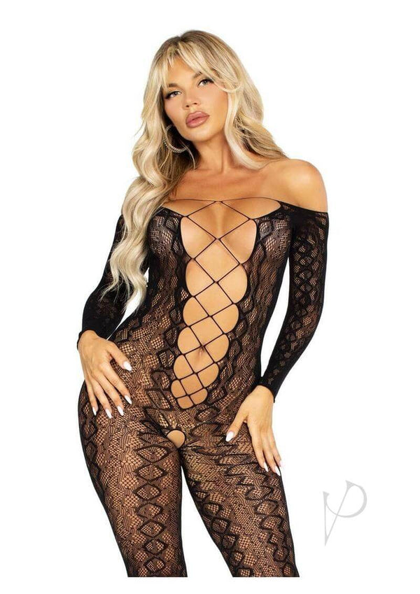 Leg Avenue Python Net Crotchless Footless Lingerie Jumpsuit Black on model, showcasing seductive style and lace-up detailing.