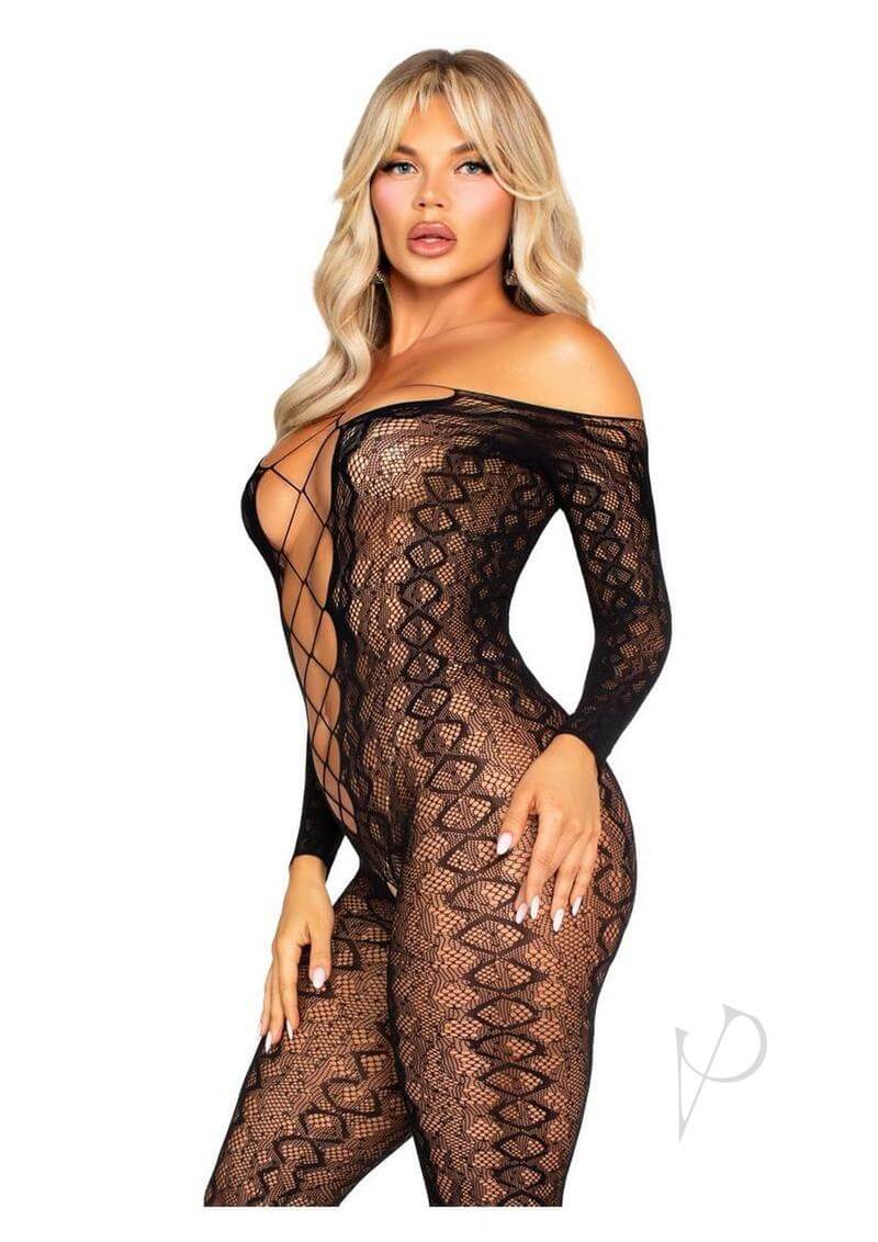 Leg Avenue Python Net Crotchless Footless Lingerie Jumpsuit Black on model showcasing its seductive design.