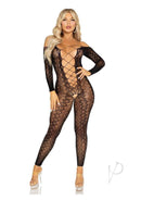 Leg Avenue Python Net Crotchless Footless Lingerie Jumpsuit Black worn by a model, showcasing intricate design and alluring fit.