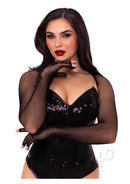 Leg Avenue black fishnet fingerless gloved shrug worn over a sequin top, showcasing elegance and sensuality.