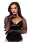 Leg Avenue black fishnet fingerless gloved shrug worn over a sequin top, showcasing elegance and sensuality.