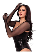 Model showcasing Leg Avenue's black fishnet fingerless gloved shrug, highlighting elegance and confidence in stylish lingerie.