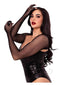 Model showcasing Leg Avenue's black fishnet fingerless gloved shrug, highlighting elegance and confidence in stylish lingerie.
