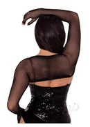 Back view of a model wearing Leg Avenue fishnet fingerless gloved shrug in black, showcasing a sensual silhouette.