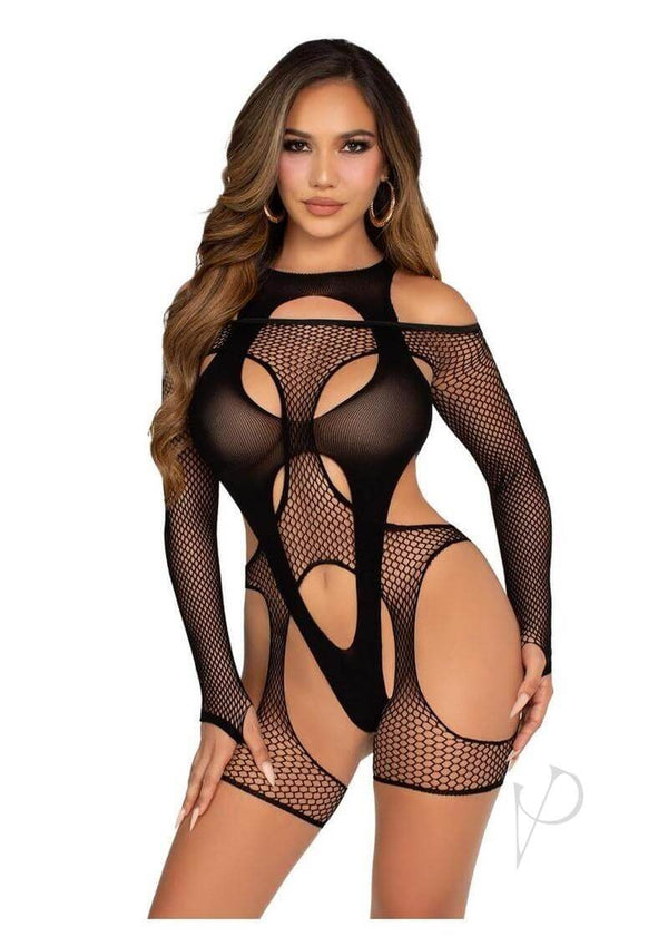 Leg Avenue Shoulder Fishnet Garter Harness and Opaque Teddy showcasing seductive design and a confident look.
