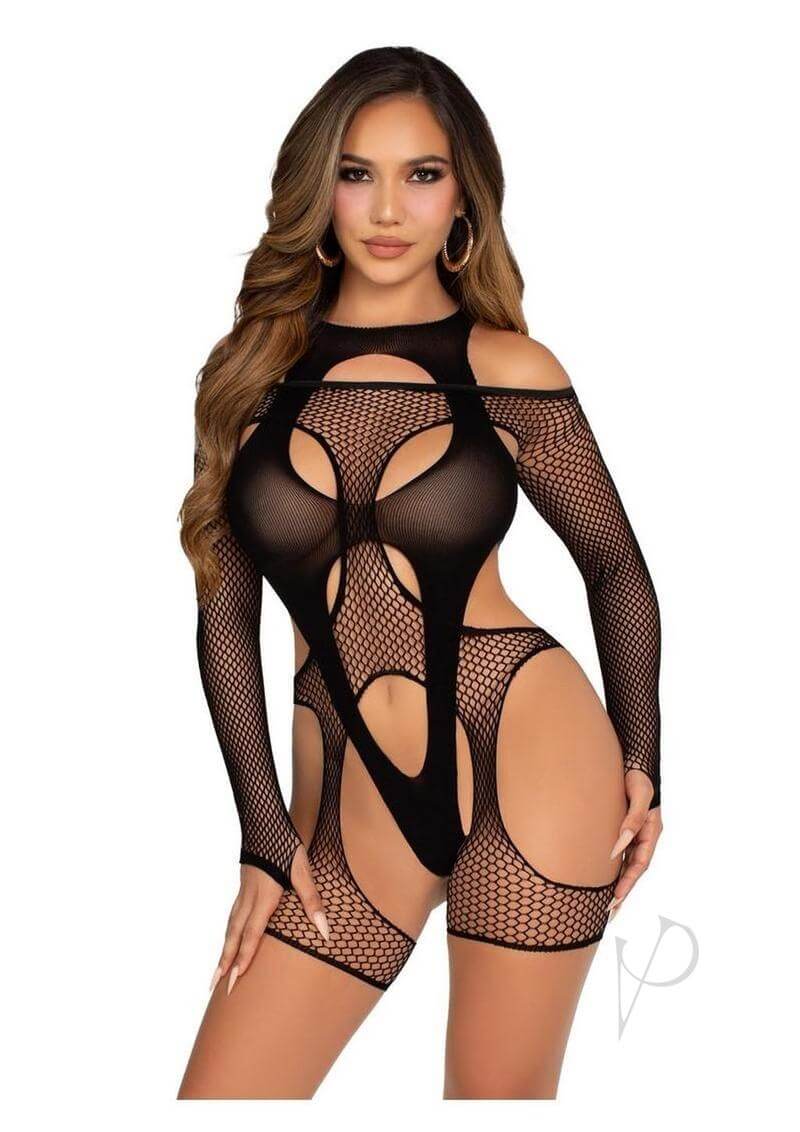 Leg Avenue Shoulder Fishnet Garter Harness and Opaque Teddy showcasing seductive design and a confident look.