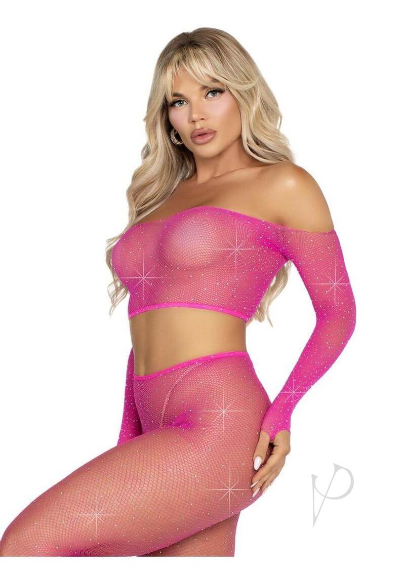 Model wearing pink rhinestone fishnet crop top and tights set, showcasing a sexy lingerie look.