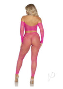 Back view of a woman in pink rhinestone fishnet crop top and tights set, perfect for lingerie, rave outfits, or swimwear coverup.