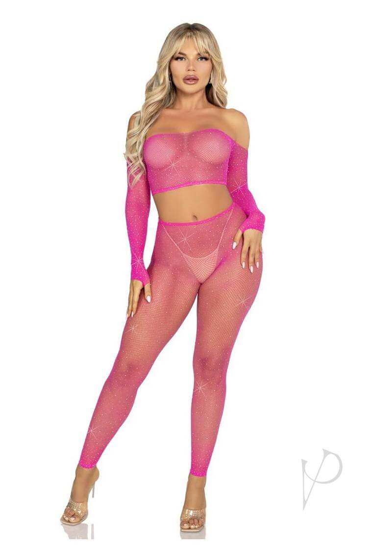 Model wearing Leg Avenue Rhinestone Fishnet Crop Top and Tights in pink, showcasing sexy lingerie with shimmering rhinestones.