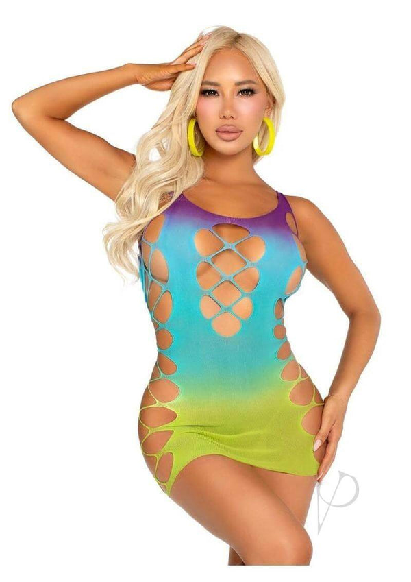 Leg Avenue Seamless Ombre Faux Lace Up Mini Dress in Ocean, featuring bold colors and seductive cutouts.