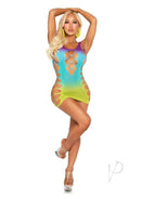 Leg Avenue Seamless Ombre Faux Lace Up Mini Dress in Ocean, vibrant blue and green design with cutout details.