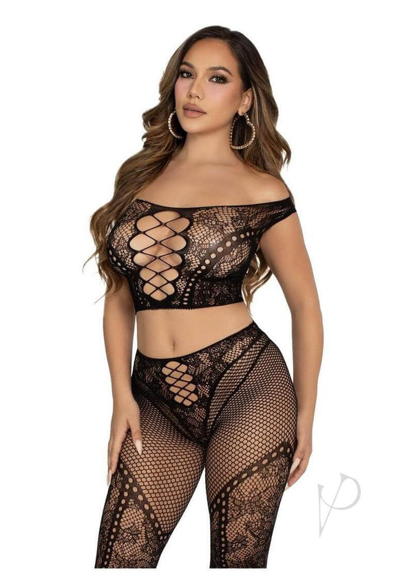 Net Lace Shoulder Foot Tight 2pc Blk Os-0