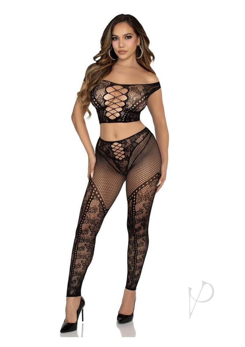 Net Lace Shoulder Foot Tight 2pc Blk Os-3