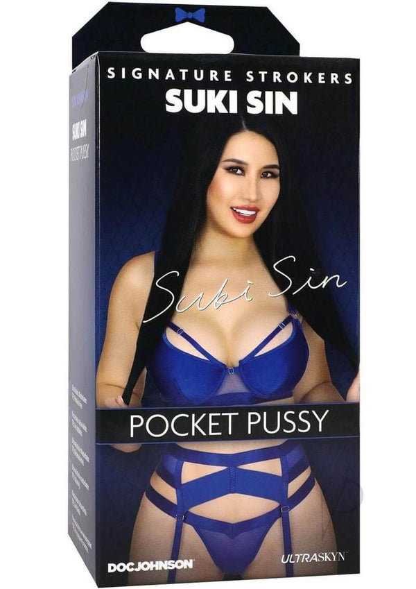 Signature Strokers Suki Sin Pocket Pussy Ultraskyn product packaging featuring Suki Sin in blue lingerie.