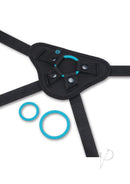 B-Vibe Everybody Strap On Harness with 6 Inch Peg Teal harness rings and straps on display.