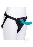 B-Vibe Everybody Strap On Harness with 6 Inch Peg Teal on display for viewing comfort and stability features.
