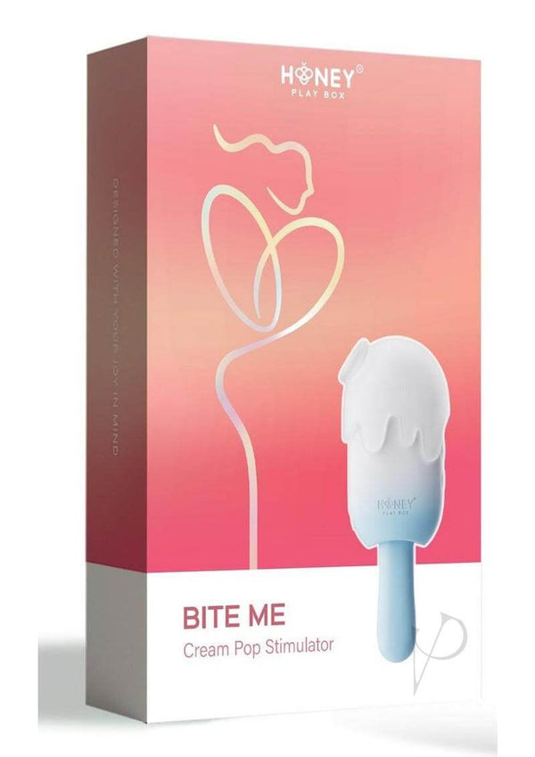 Bite Me Cream Pop Stimulator Blue by Honey Play Box packaging featuring a playful popsicle design.