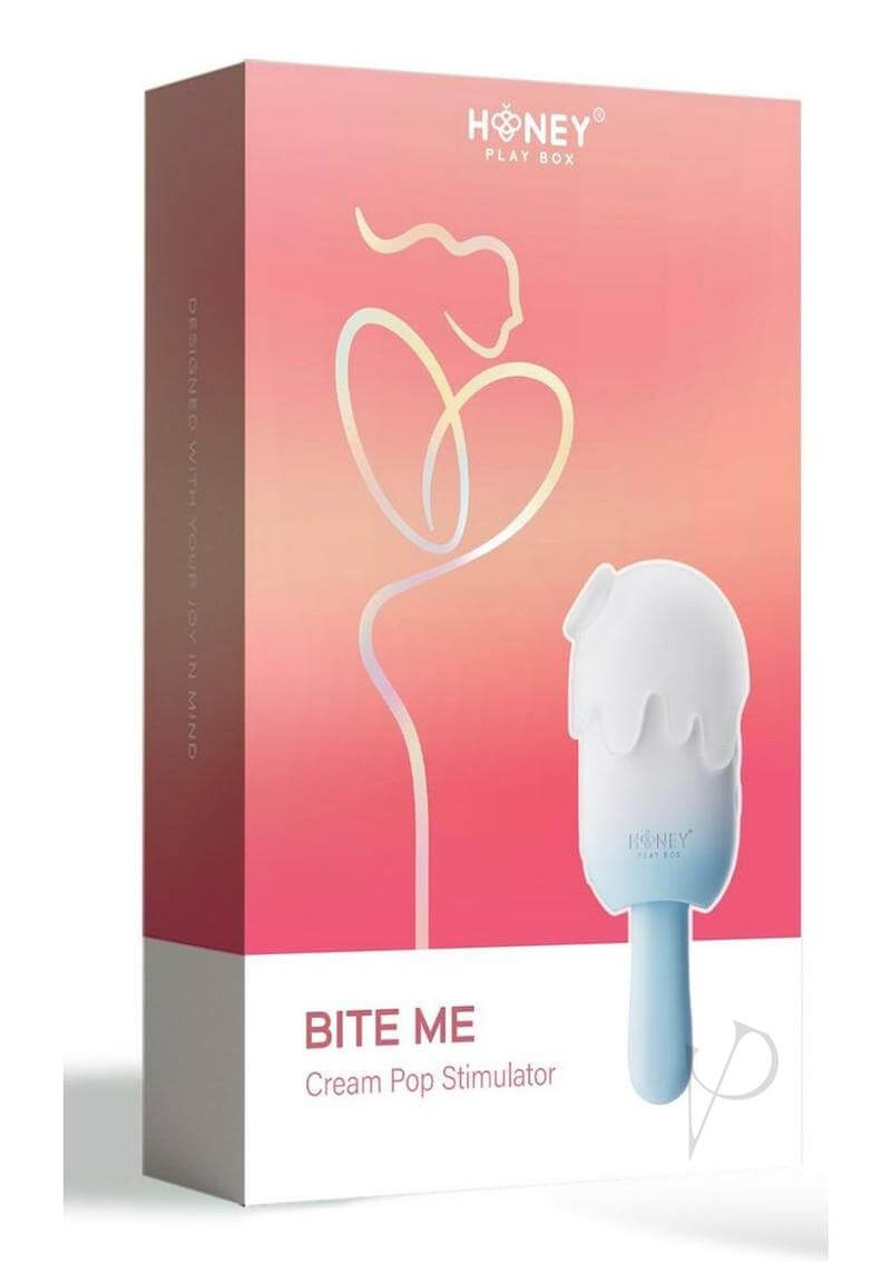 Bite Me Cream Pop Stimulator Blue by Honey Play Box packaging featuring a playful popsicle design.