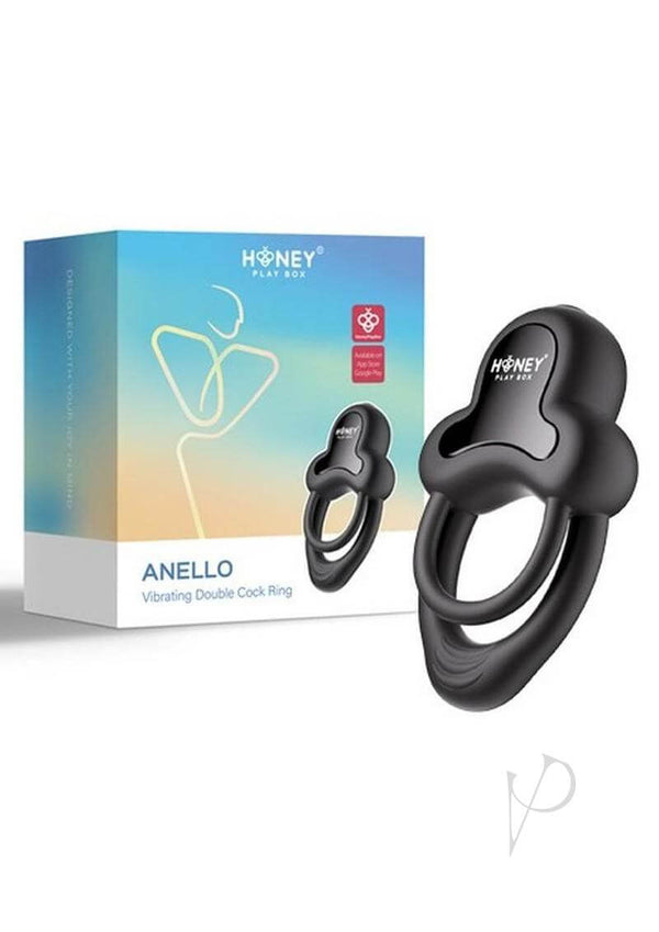 Honey Play Box Anello App Control Cock Ring Black with packaging, designed for enhanced intimacy and pleasure.